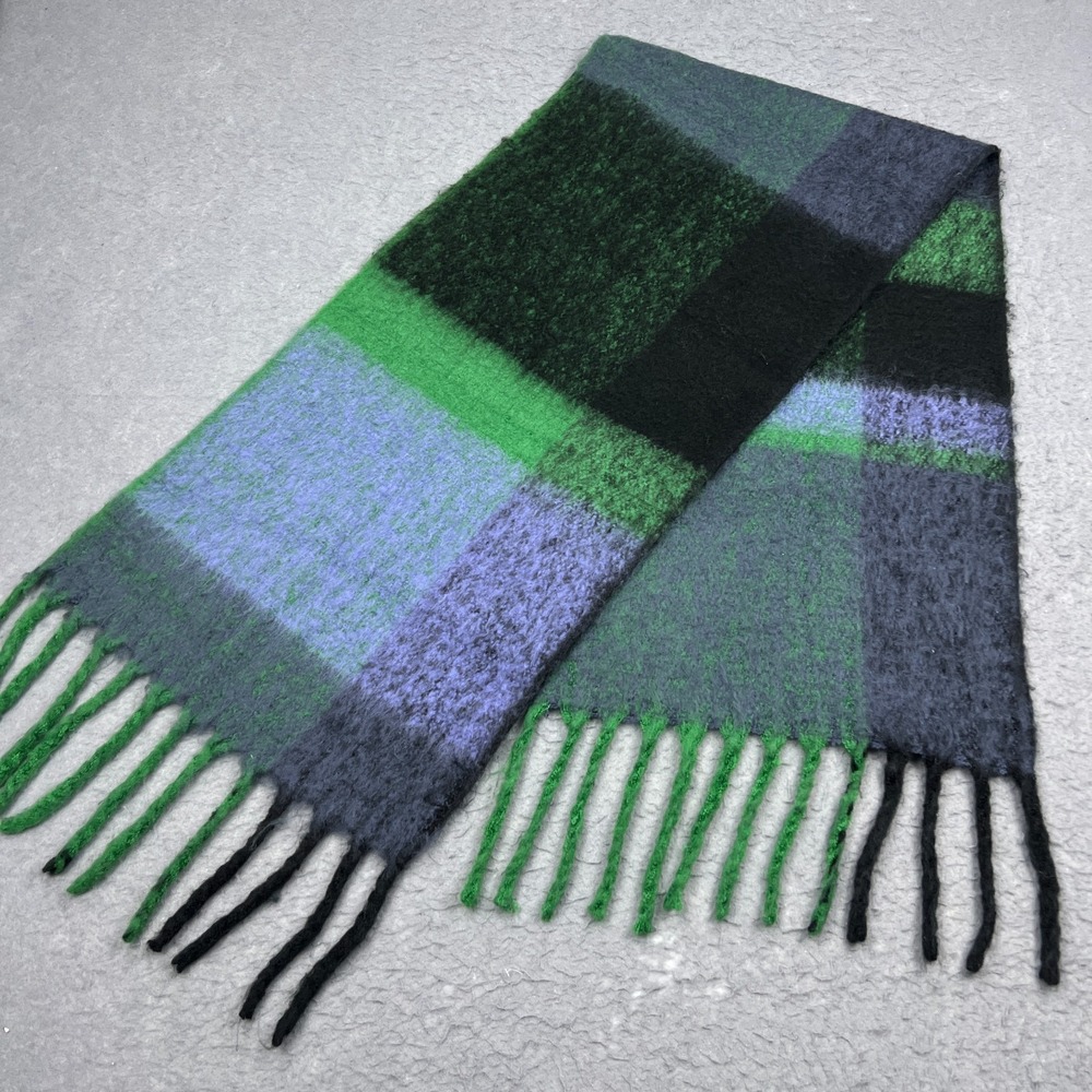 Free People Piper Plaid Scarf Women's Blue Green Blend Fringe Soft Knit Wrap